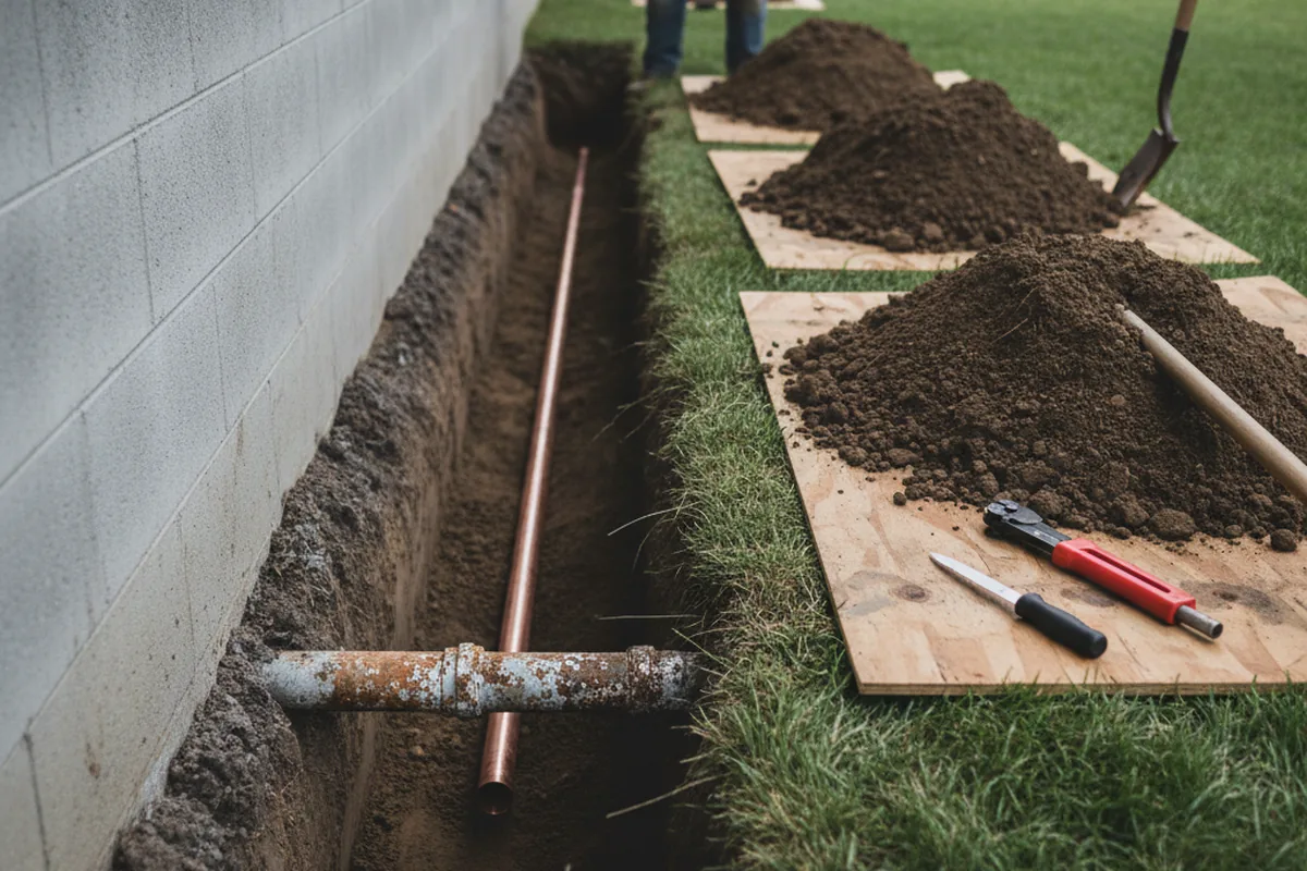 Excavated water line trench during Water Heater Repair in Sharon Springs